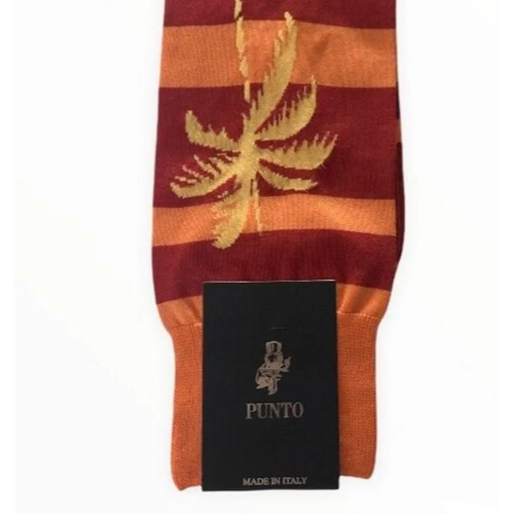 Punto Palm Tree Italian Mens Dress Socks Striped Red Orange Egyptian Cotton